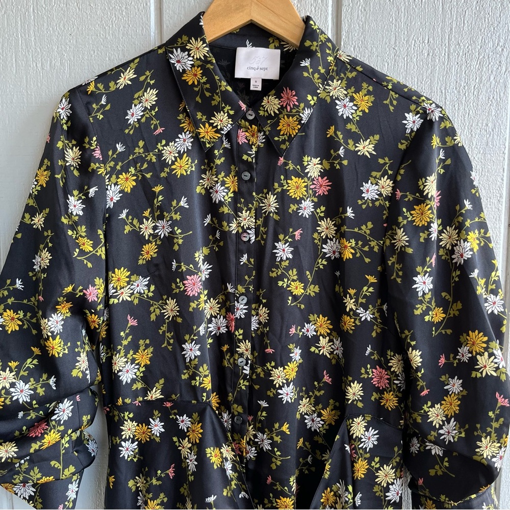 Cinq à Sept Jacey Floating Daisies Shirtdress High Low in Black Multi Size 8 - Picture 3 of 12